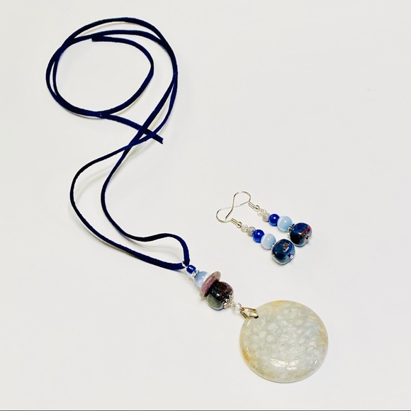 Navy Blue Brown & Gray Fossilized Coral Necklace & Matching Stone Earrings - Picture 13 of 14